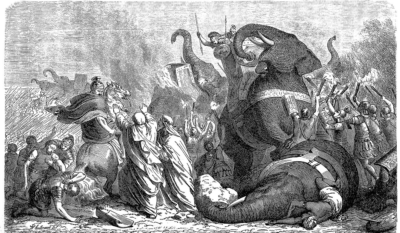 The war elephants of Pyrrhus at the battle of Asculum, 279 B.C. (Pyrrhic victory). Credit: Nastasic (https://www.istockphoto.com/portfolio/Nastasic?mediatype=illustration)