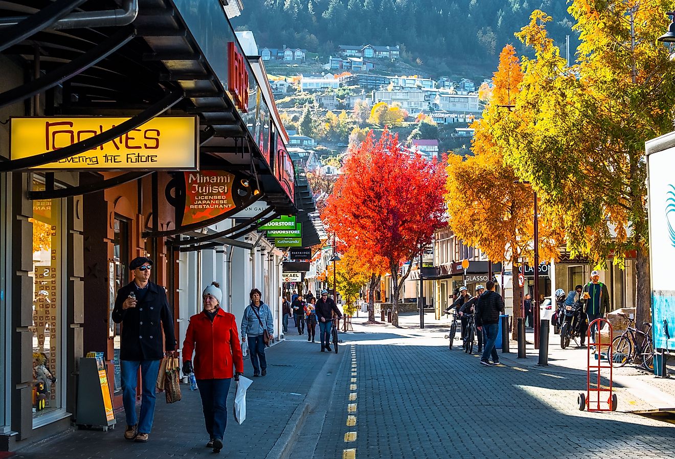 Downtown street in Queenstown, New Zealand.