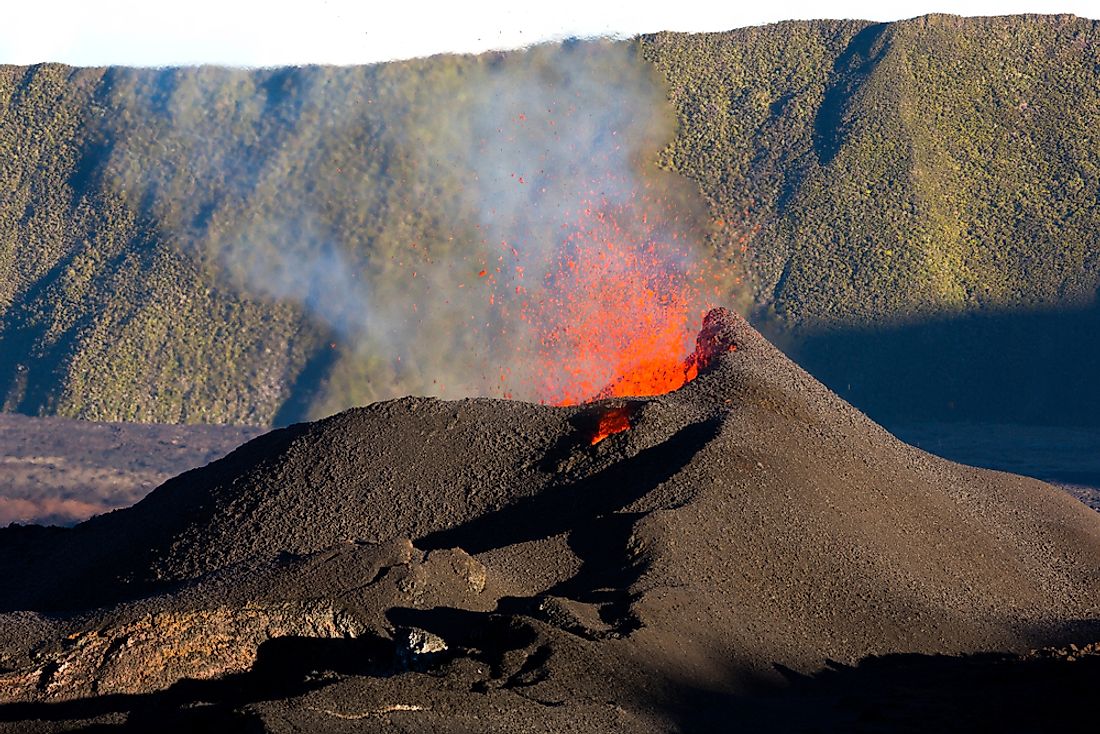 An erupting volcano in the French territory of Reunion. 