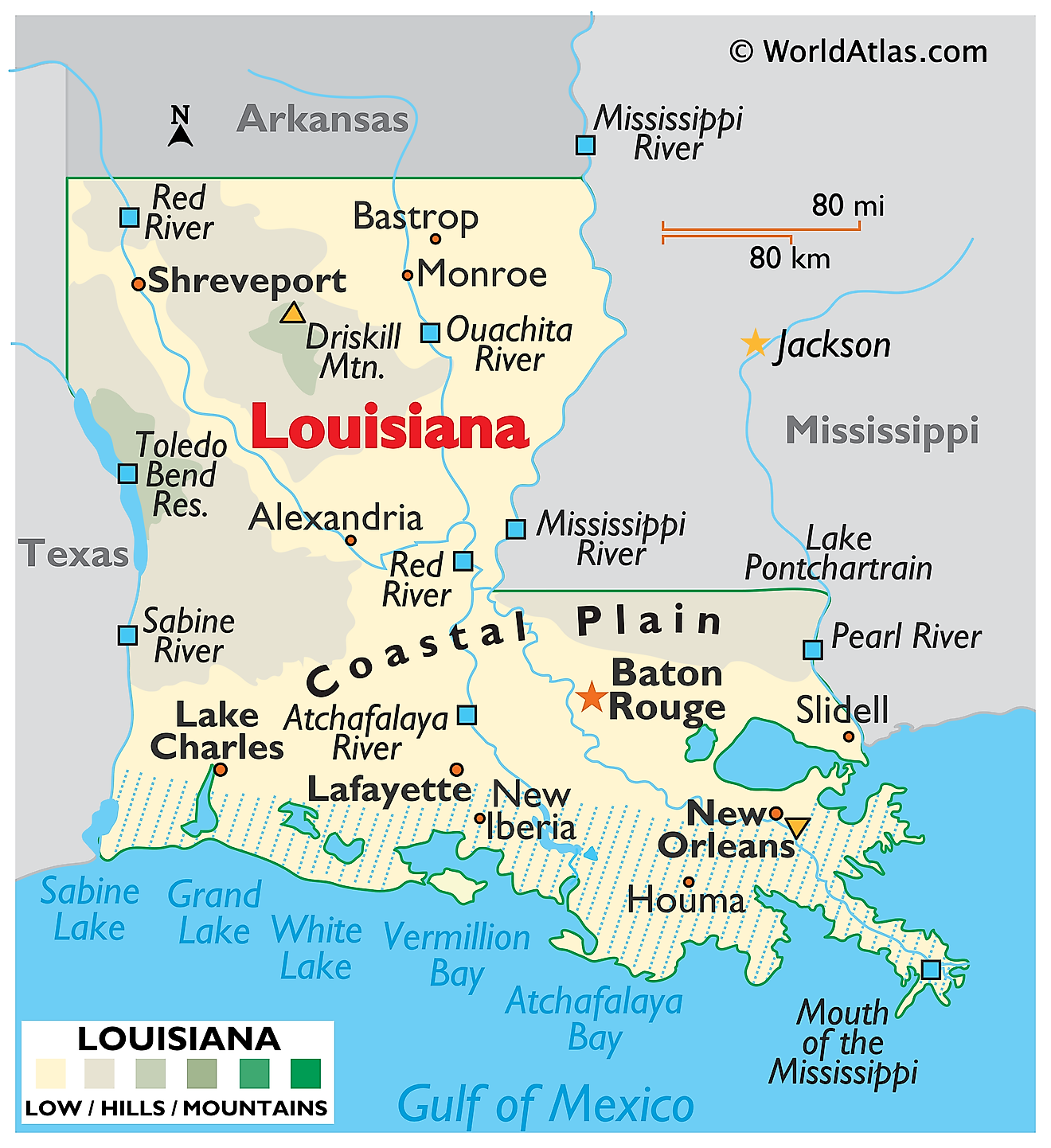 Physical Map of Louisiana. It shows the physical features of Louisiana including its mountain ranges, major rivers and lakes. 