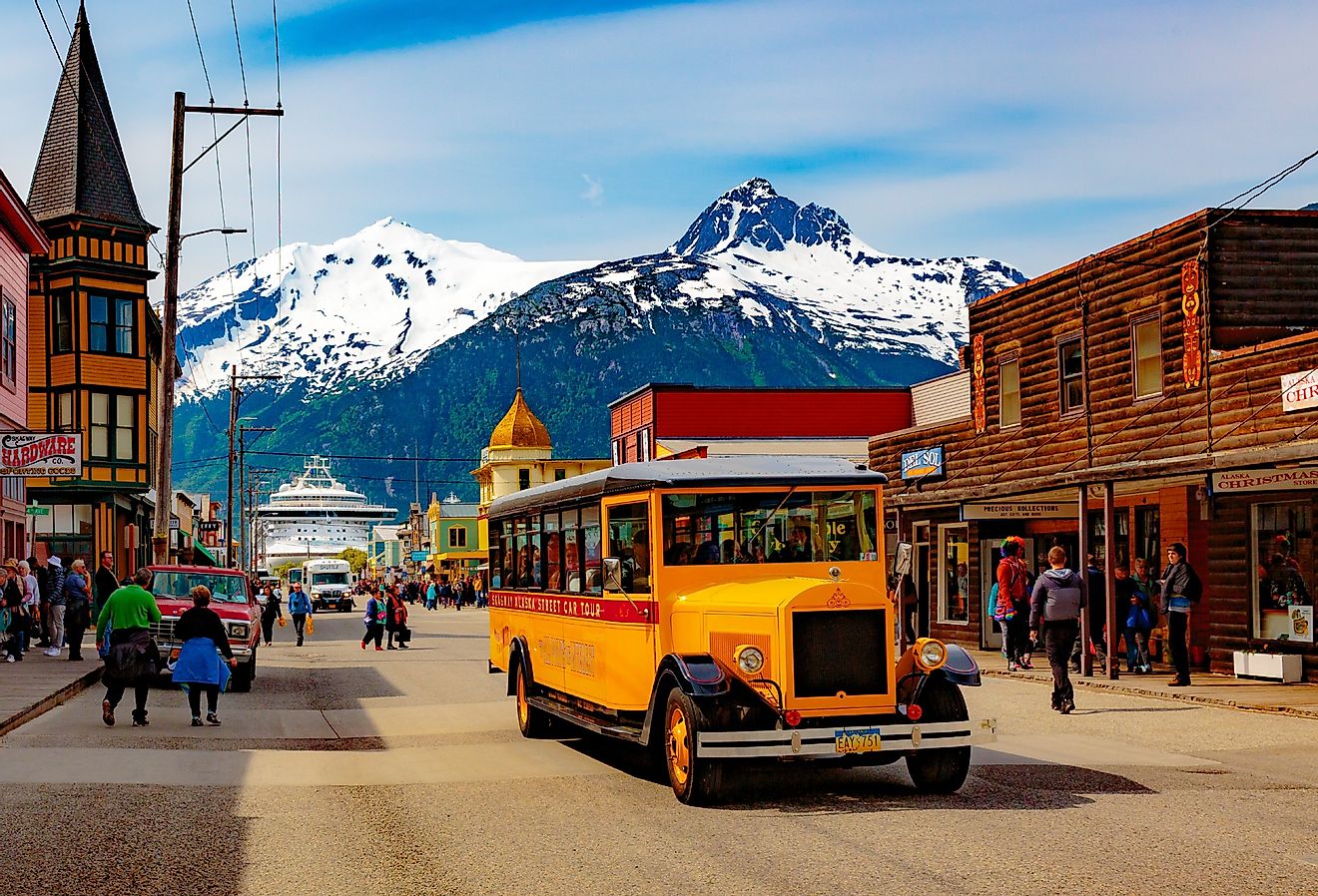  Downtown Skagway bustles with cruise passengers enjoying the natural beauty and the transportation options. Image credit Daniel Shumny via Shutterstock