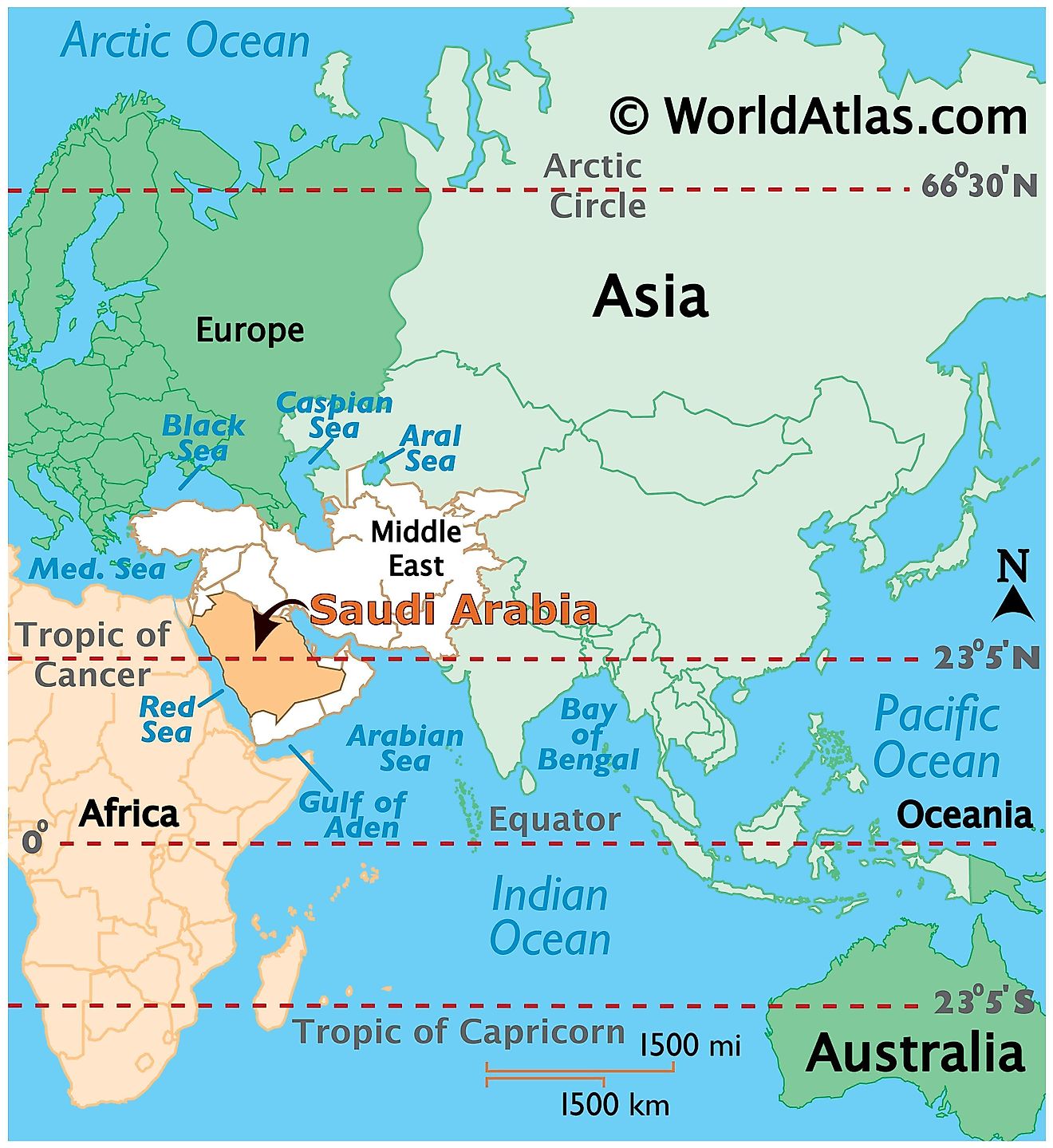 Map showing location of Saudi Arabia in the world.