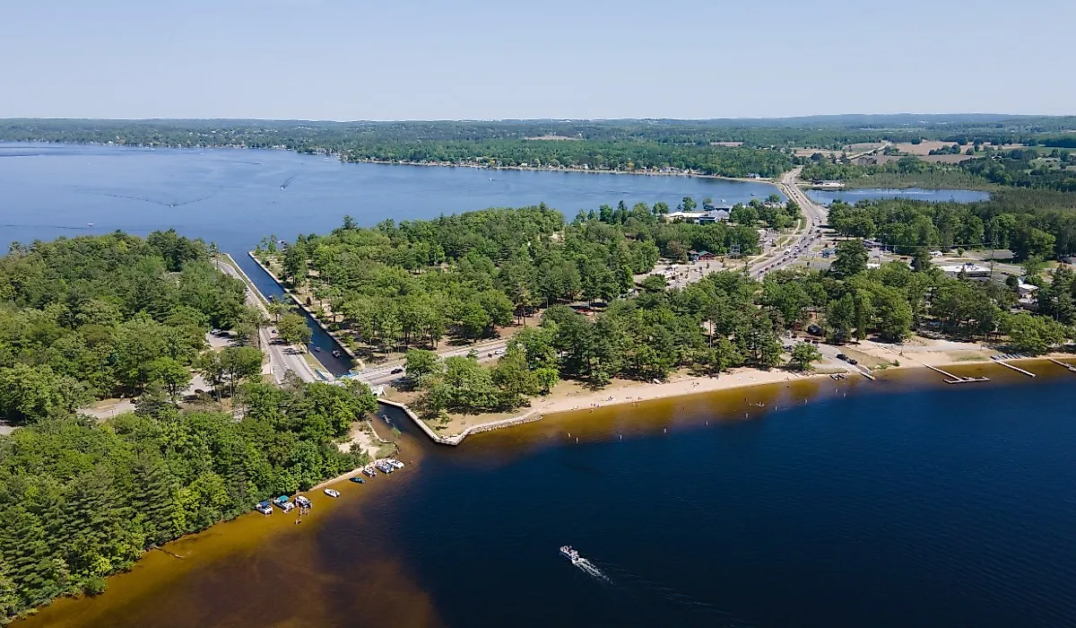 Aerial view of Lake Mitchell and Lake Cadillac near the town of Cadillac, Michigan.