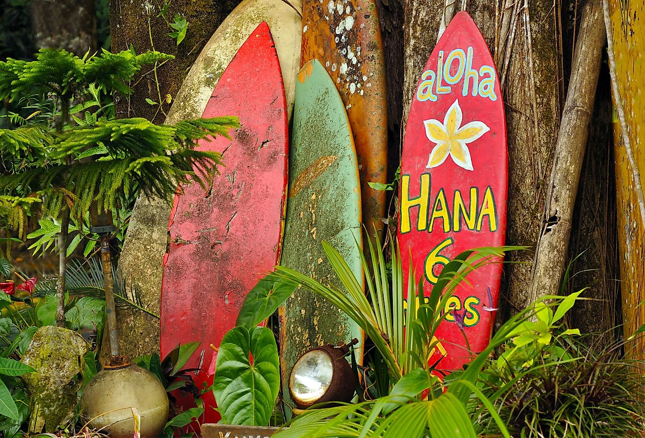 Welcome sign on a surfboard on the way to Hana, Hawaii. 
