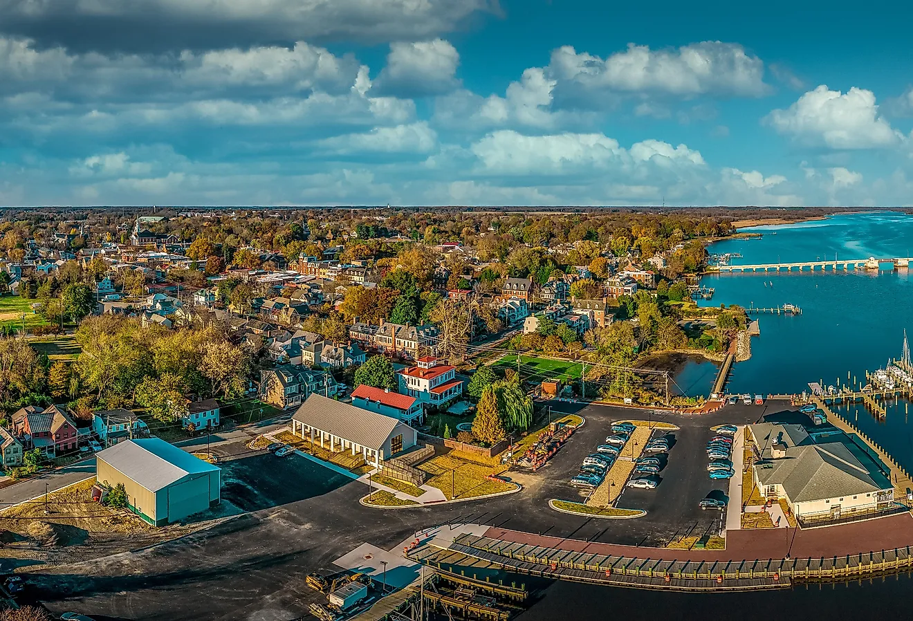 Aerial summer view of colonial Chestertown on the Chesapeake Bay in Maryland. 