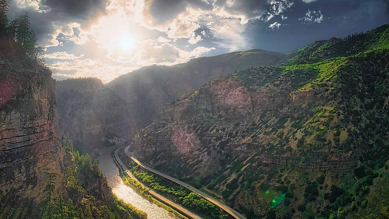 The Colorado River flowing in the Glenwood Canyon in Glenwood Springs, Colorado.