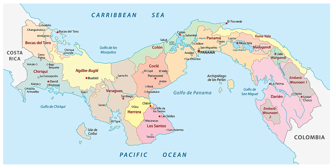 Political Map of Panama showing its 10 provinces and 3 indigenous regions and the capital - Panama City