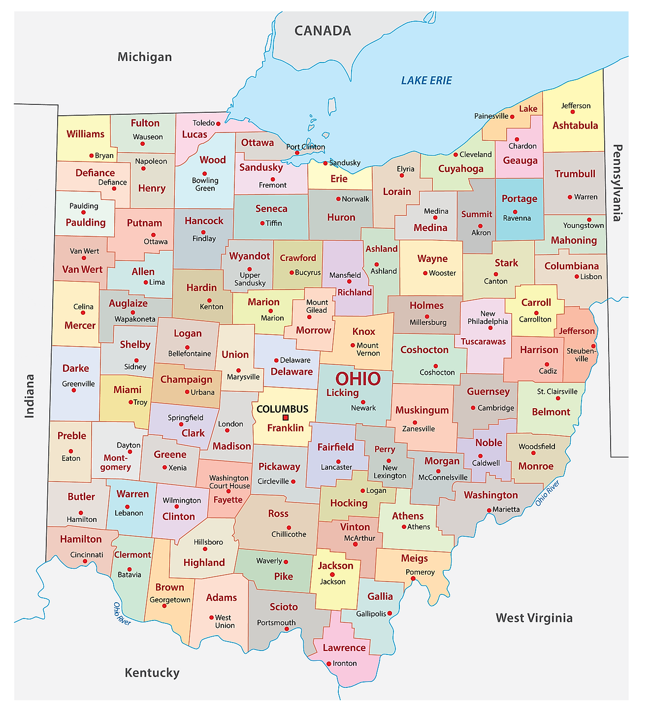 Mapa administrativo de Ohio que muestra sus 89 condados y la ciudad capital - Columbus