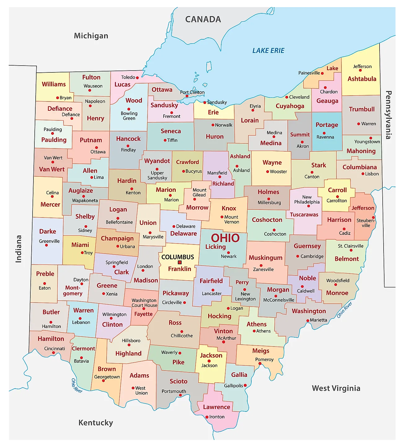 Mapa administrativo de Ohio que muestra sus 89 condados y la ciudad capital - Columbus