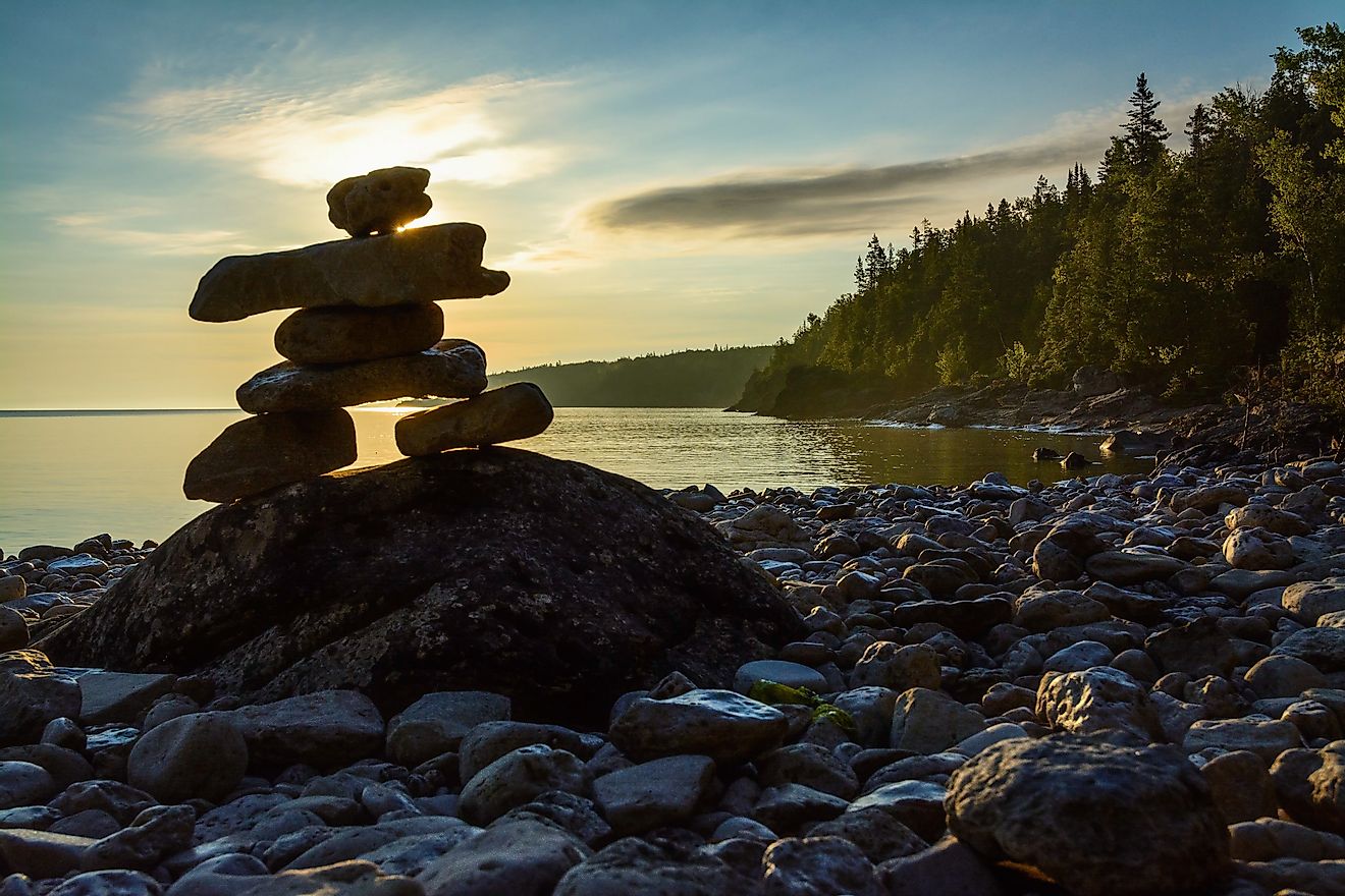 An inukshuk, meaning "in the likeness of a human"in the Inuit language, is seen on the Canadian coast. 