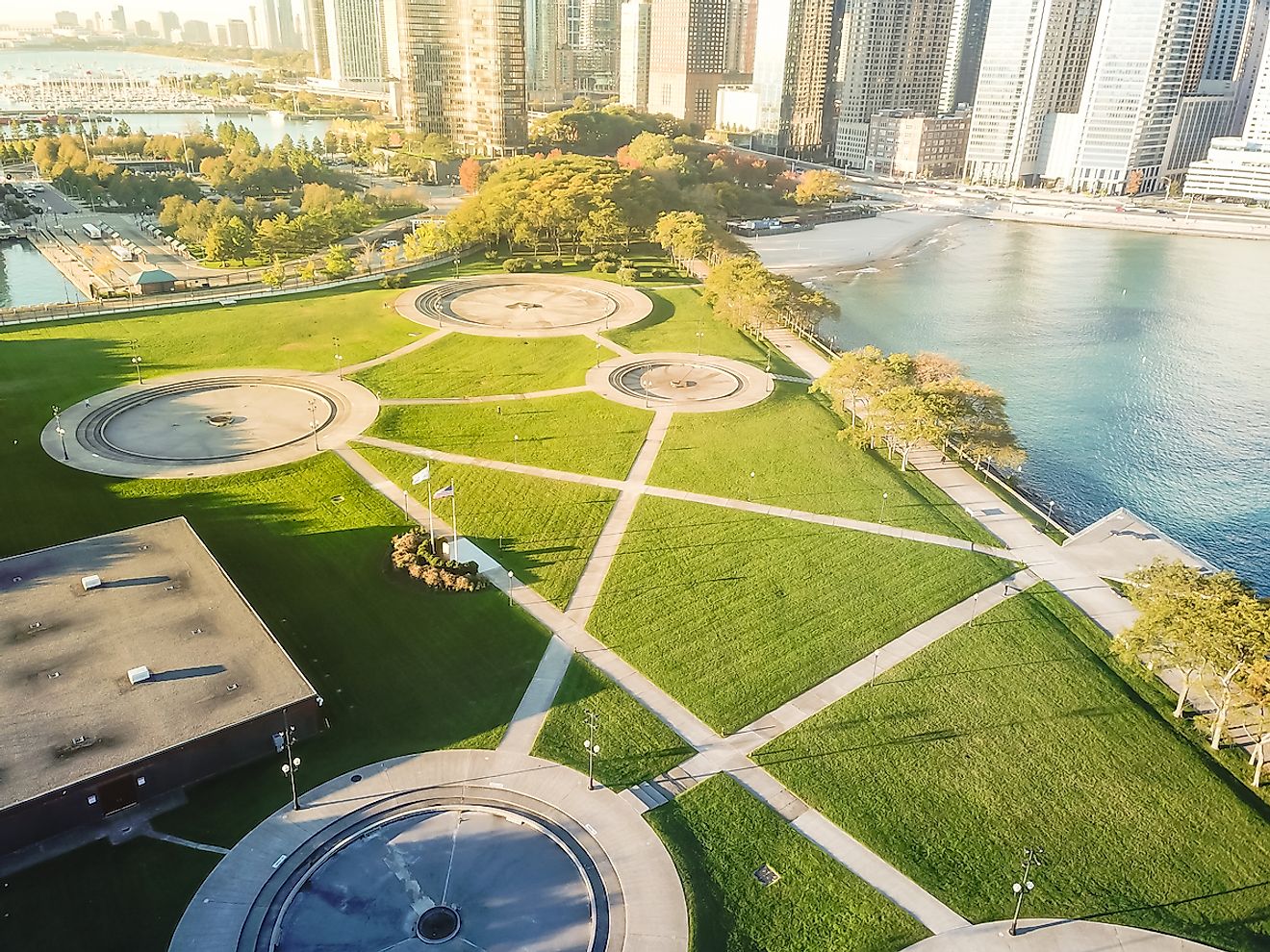 Bird eye view of waterfront Milton Lee Olive Park with Chicago skylines in early morning light. Image credit: Trong Nguyen/Shutterstock.com