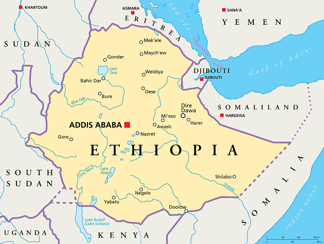 Map of Ethiopia with bordering countries.