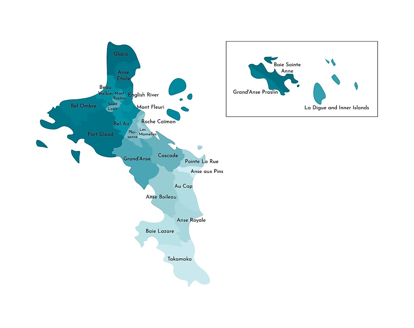 El Mapa Político de Seychelles mostrando sus distritos.