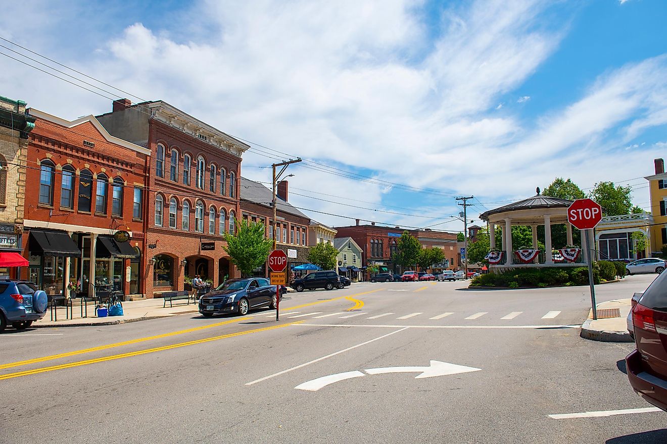 Historic Italianate style commercial building and Bandstand at Water Street and Front Street in historic town center of Exeter, New Hampshire 