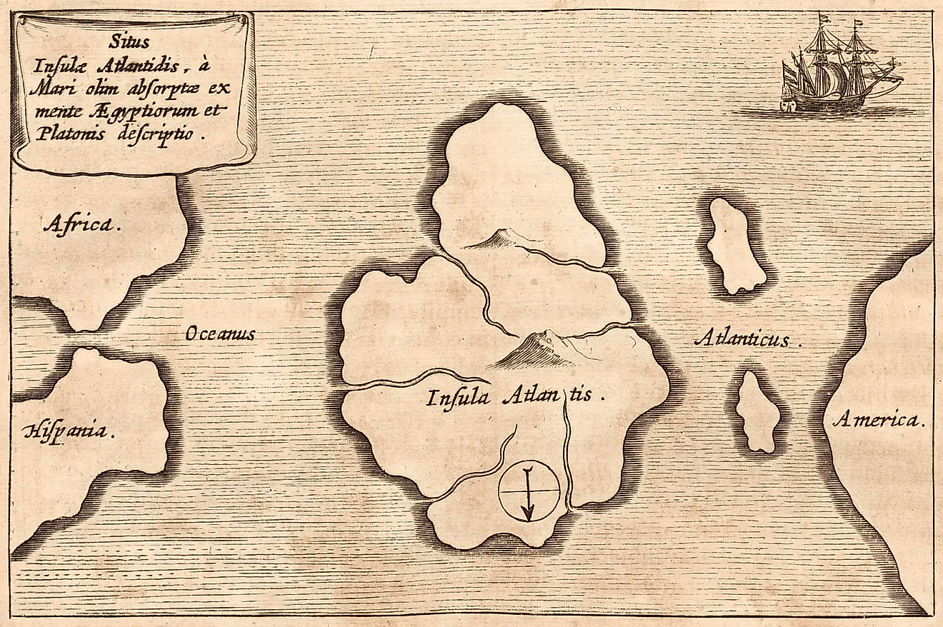 Kircher's map of Atlantis, oriented with south at the top, from Mundus Subterraneus. Athanasius Kircher, Public domain / Via Wikimedia Commons.