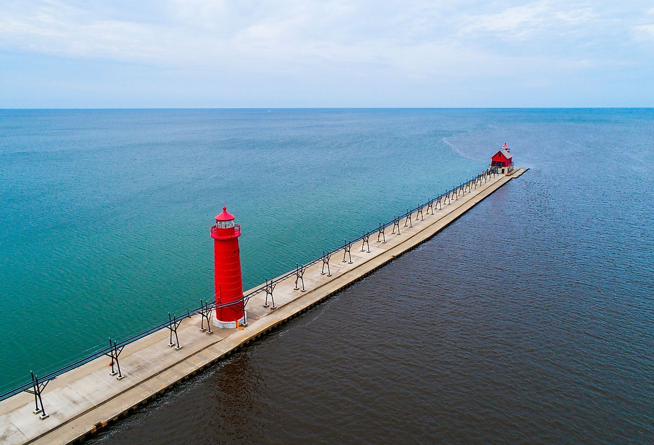 Aerial view of Grand Haven, Michigan lighthouse. Image credit Dennis MacDonald via Shutterstock.