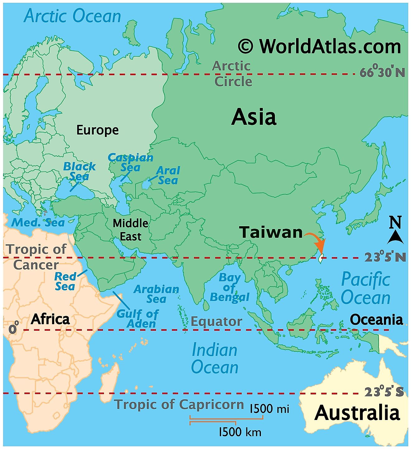 Map showing location of Taiwan in the world.
