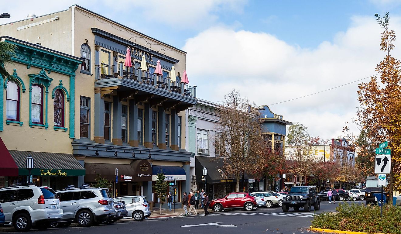 People walking to the shops with vehicles parked on the streets. Ashland, Oregon. Editorial credit: Nature's Charm / Shutterstock.com