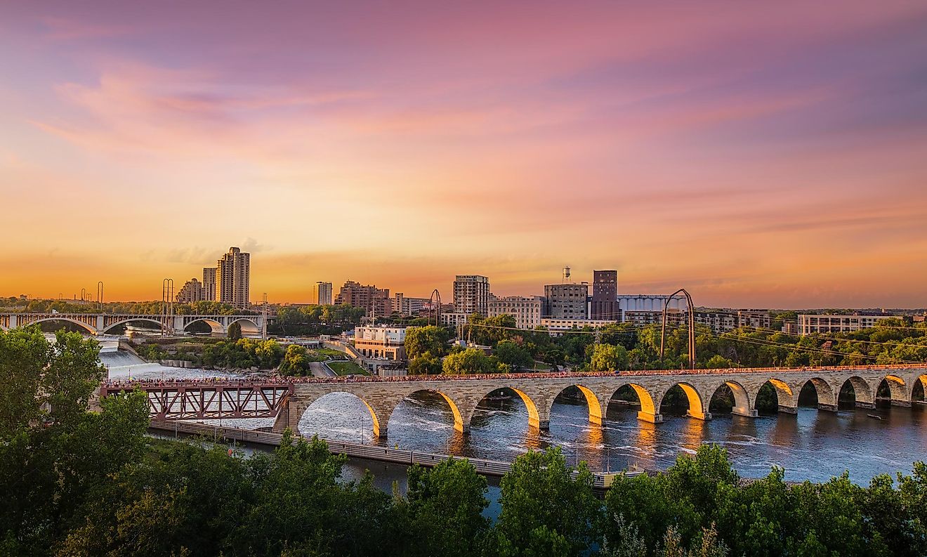 Minneapolis Minnesota at Sunset on the Mississippi River.
