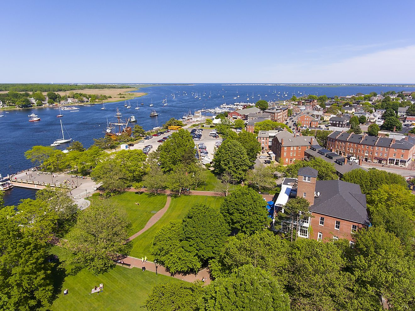 Historic downtown, including Merrimack Street and Waterfront Promenade Park, in Newburyport, Massachusetts