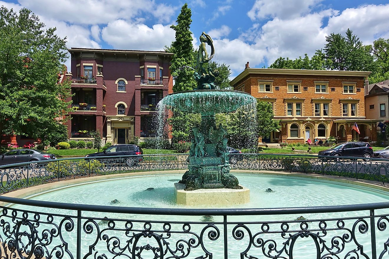 The fountain in front of St. James Court in Old Louisville, Kentucky. Shutterstock.com