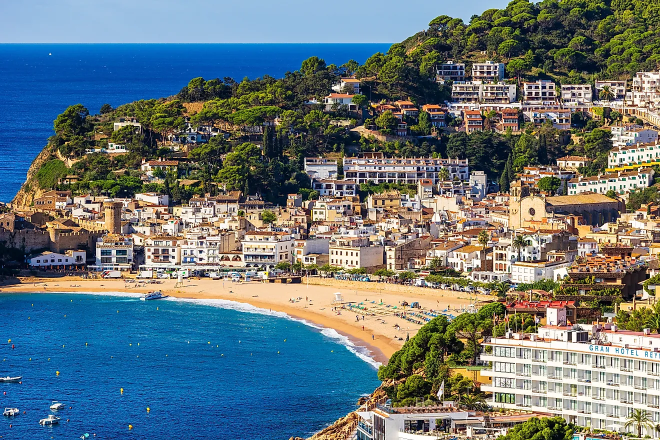 Modern town of Tossa de Mar viewed from the old town’s ramparts, Spain. 