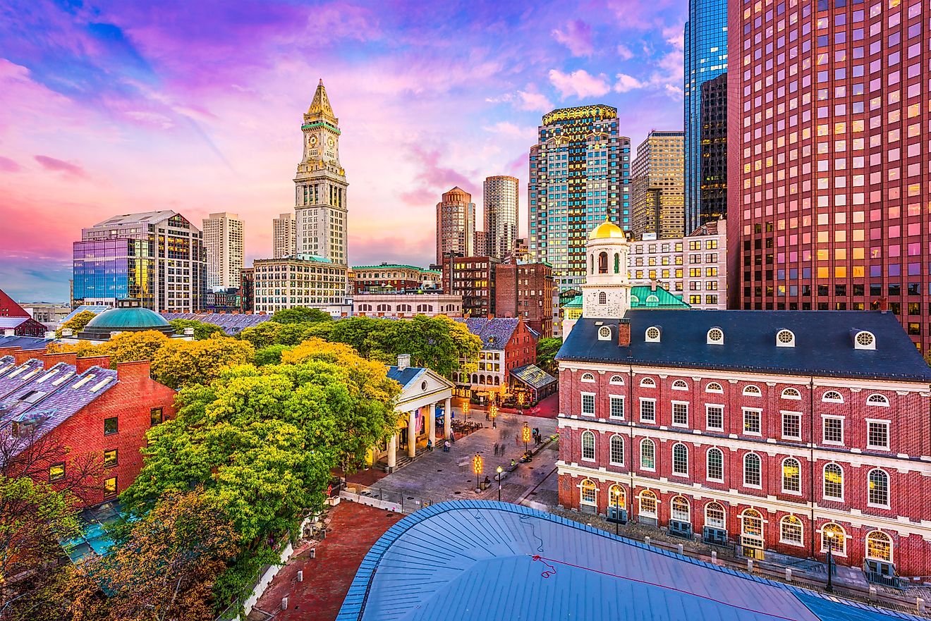 Boston, Massachusetts, USA historic skyline at dusk.