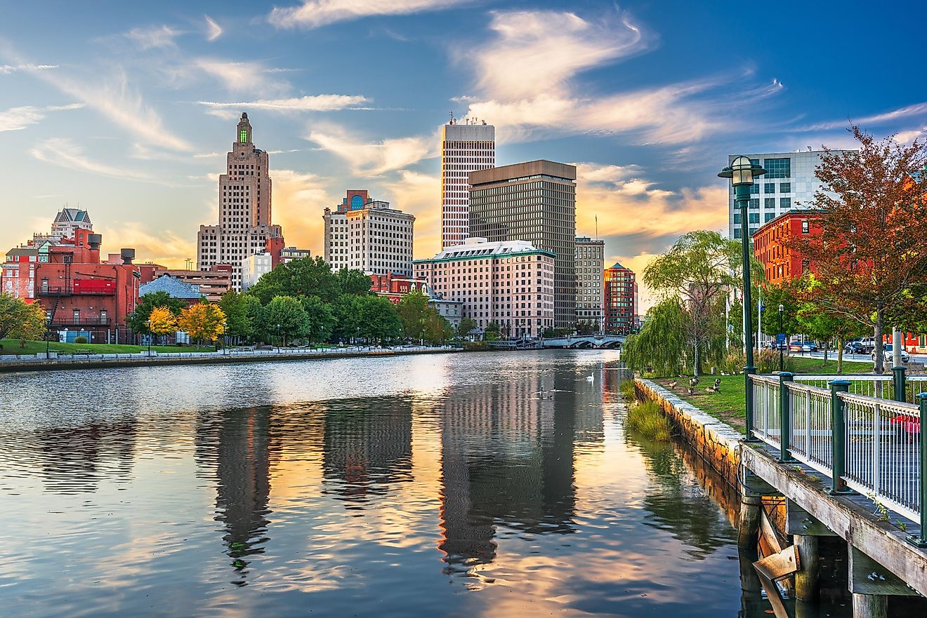 Downtown cityscape of Providence, Rhode Island, USA, viewed from above the Providence River.