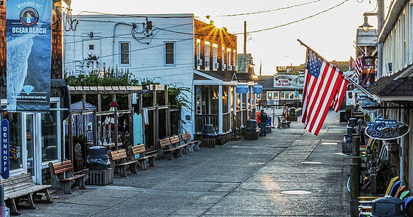 Early morning view of downtown Ocean Beach on Fire Island, New York