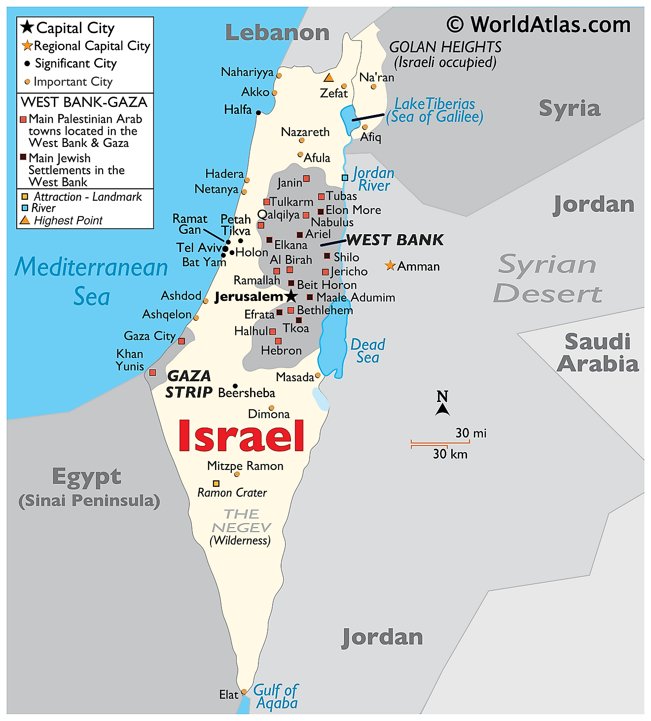 Physical Map of Israel showing bordering countries, relief, highest point, Jordan River, Dead Sea, important cities, etc.