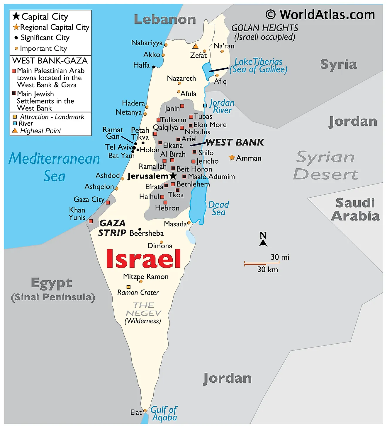 Mapa Físico de Israel mostrando países limítrofes, relieve, punto más alto, Río Jordán, Mar Muerto, ciudades importantes, etc.