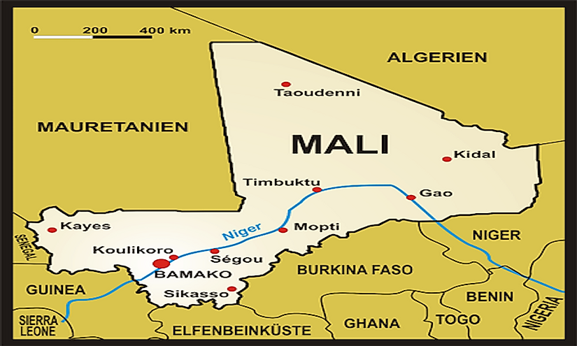 A map showing Mali, a landlocked country in West Africa.