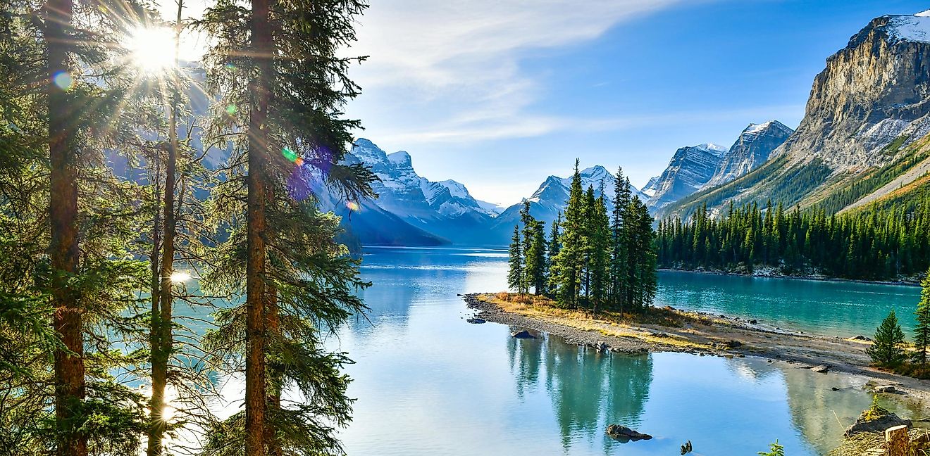 Panoramic view of the stunning Spirit Island on Maligne Lake, situated in Jasper National Park, Alberta, Canada.