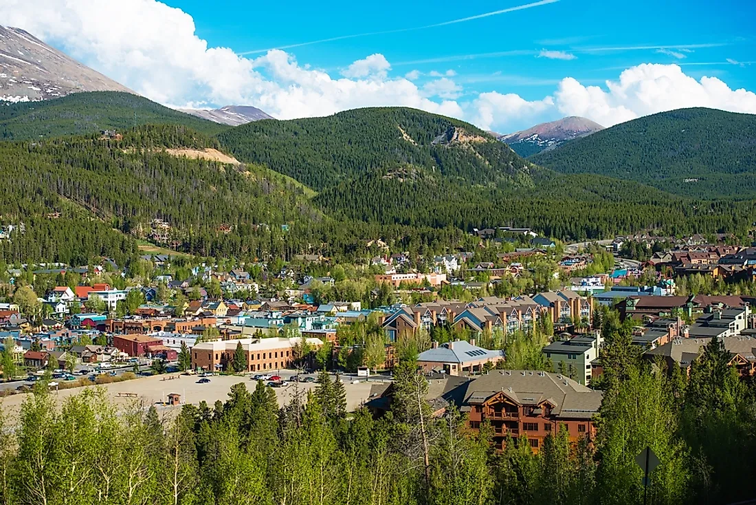 The town of Breckenridge, Colorado is nestled in the Rocky Mountains.