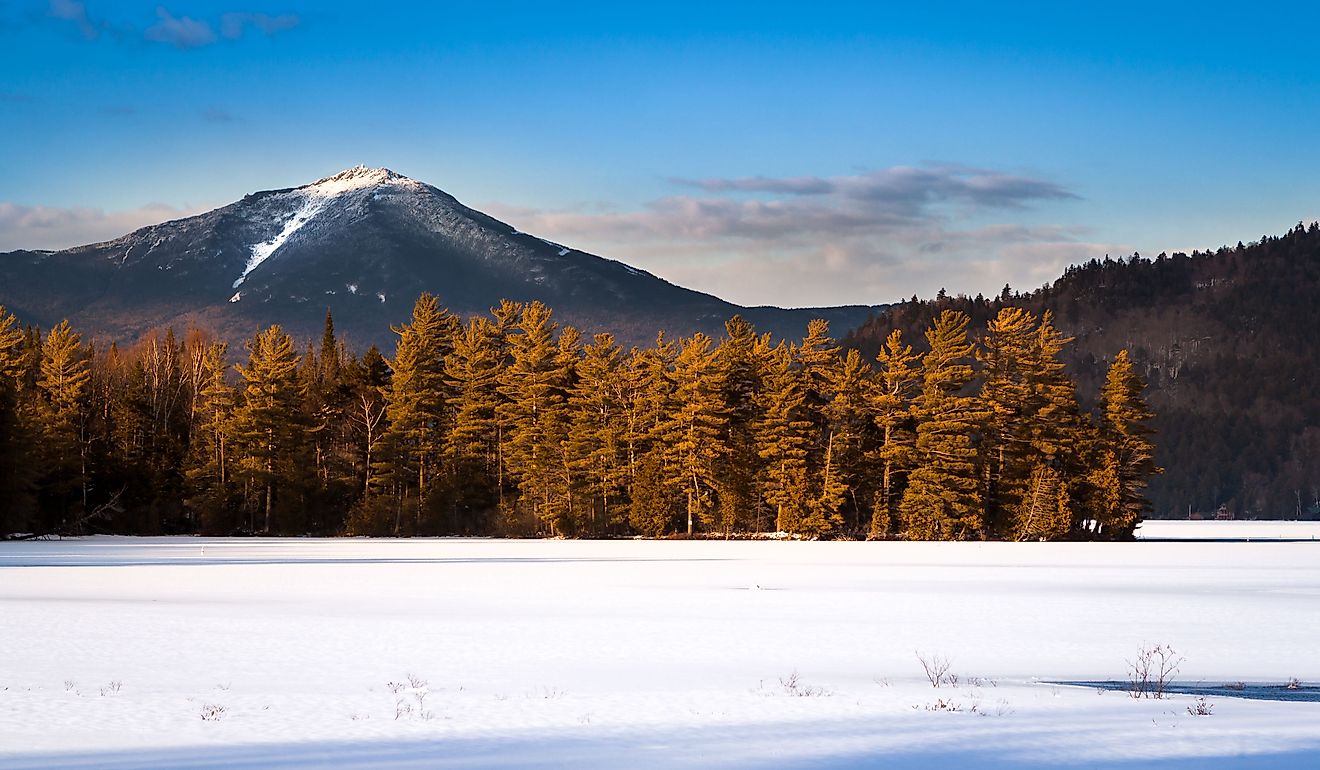 Whiteface mountain peak viewed from the frozen Paradox Bay in Lake Placid, Upstate New York