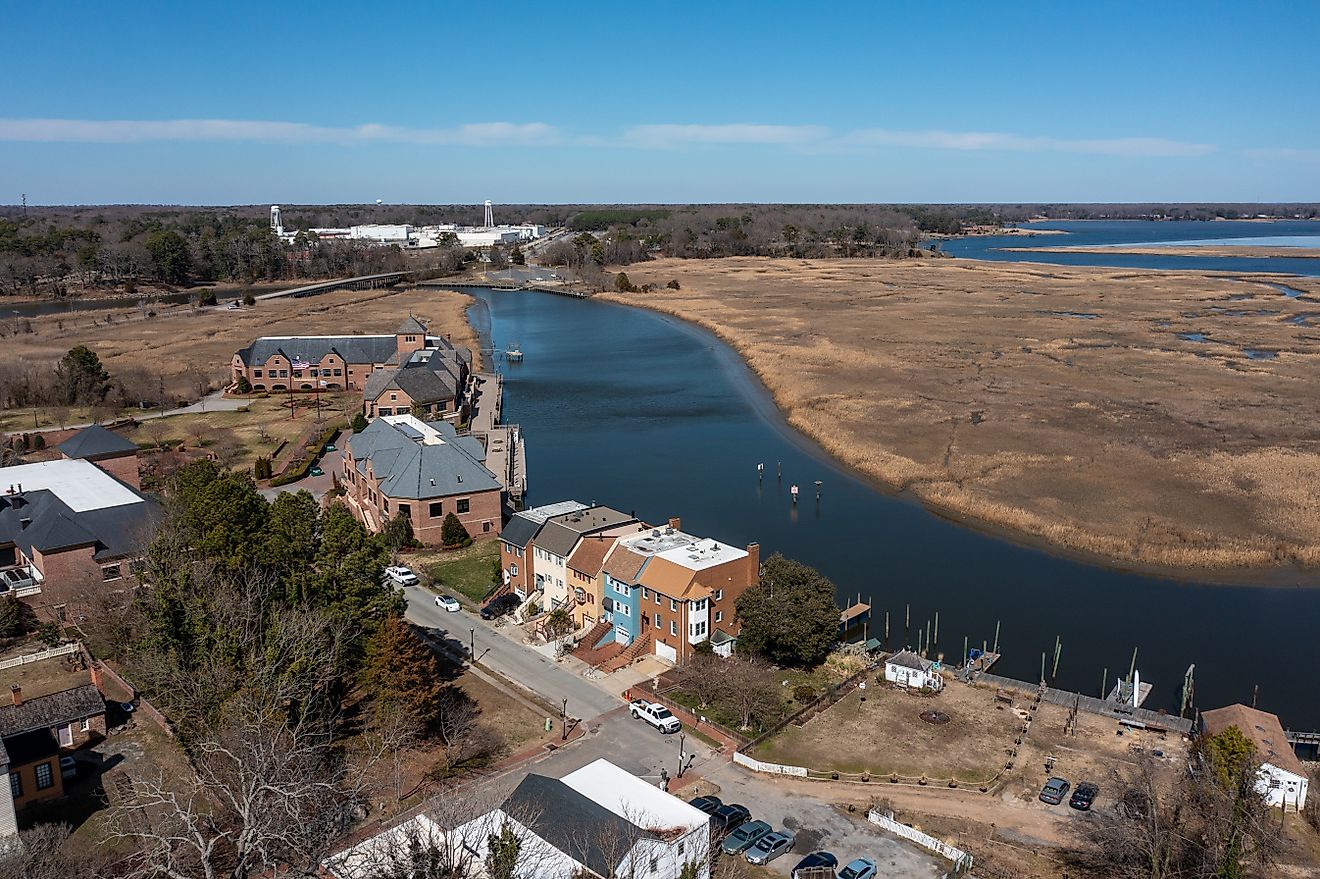 Aerial view of homes along the Pagan River in Smithfield, Virginia.