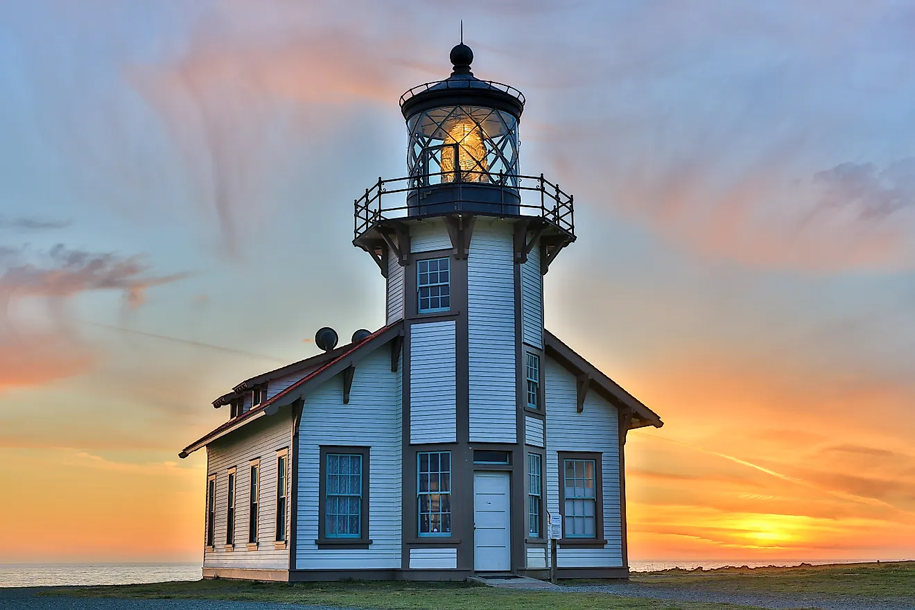 Sunset over Point Cabrillo Light Station State Historic Park, Mendocino County, California. 