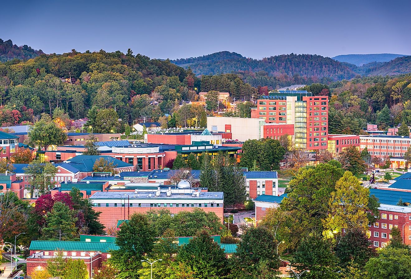 Boone, North Carolina, campus and town skyline at twilight.