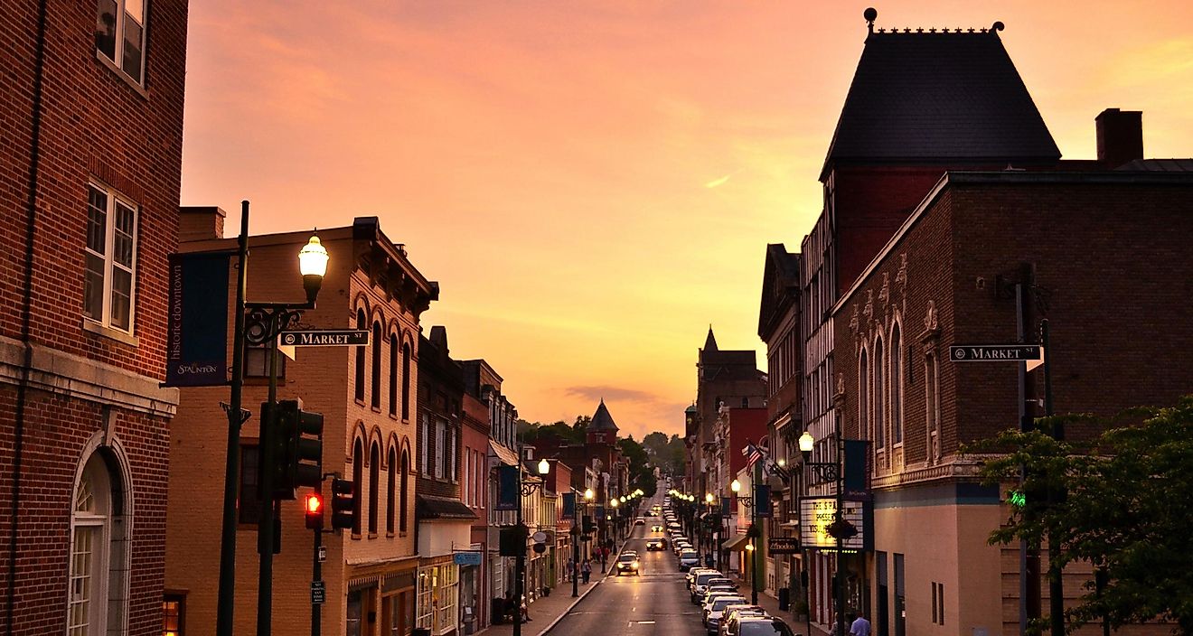 Downtown Historic Staunton at sunset, birthplace of President Woodrow Wilson. Editorial credit: MargJohnsonVA / Shutterstock.com