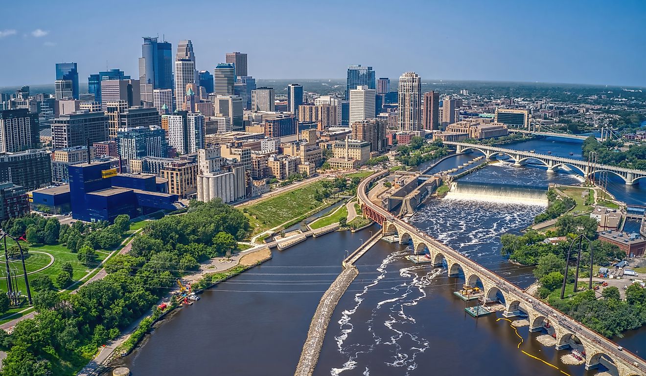 The Mississippi River running through Minneapolis, Minnesota.