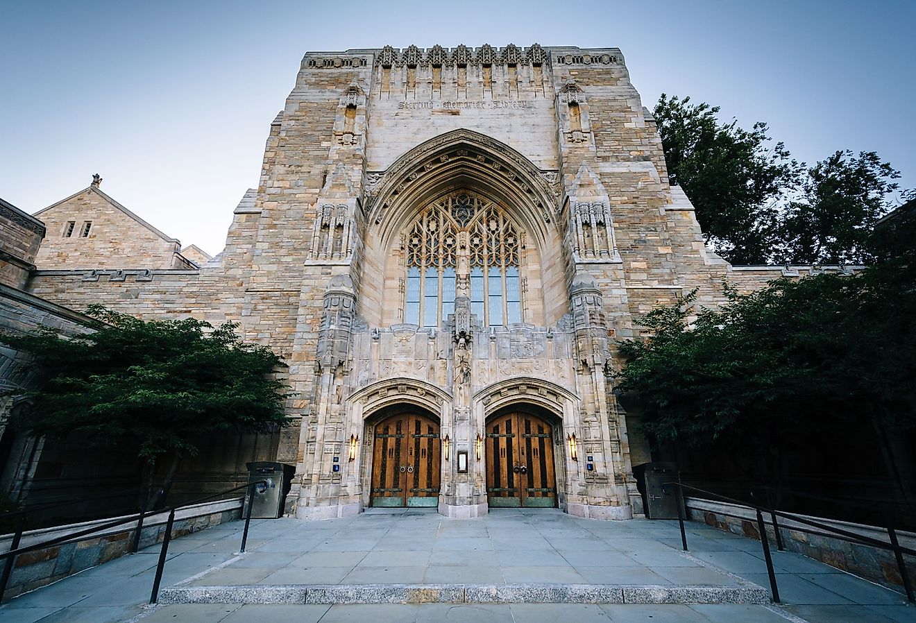 The exterior of the Sterling Memorial Library, at Yale University, in New Haven, Connecticut. 