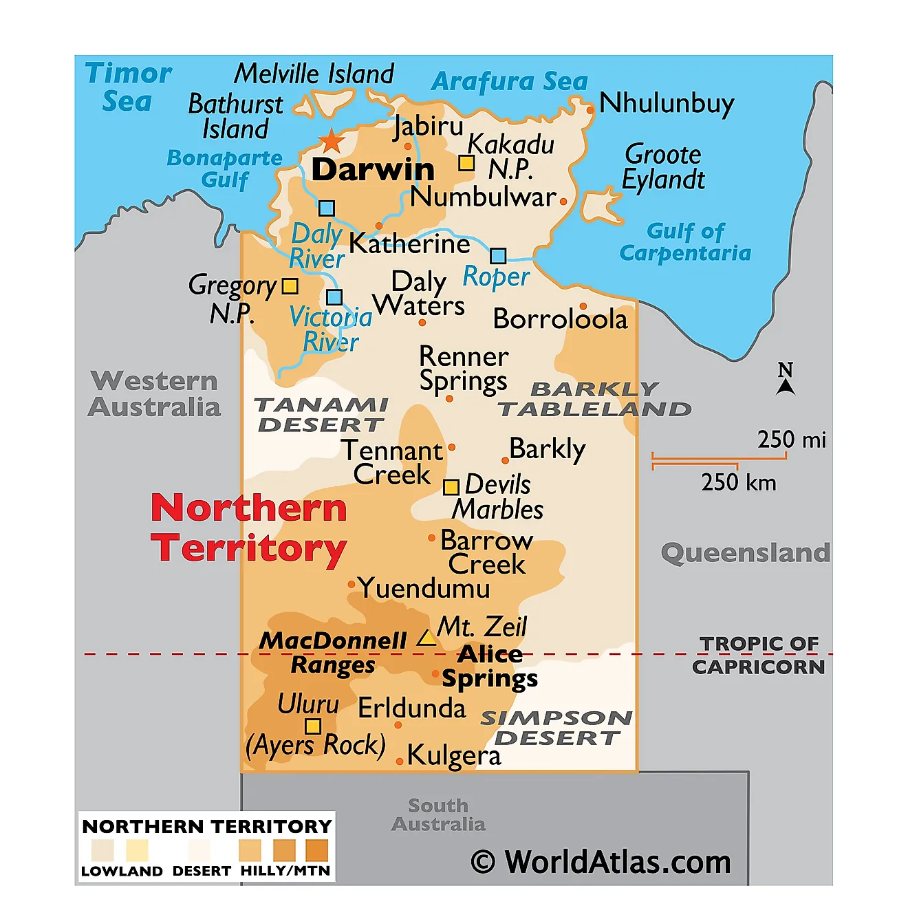 Physical Map of Northern Territory. It shows the physical features of Northern Territory, including mountain ranges, significant rivers and major lakes. 