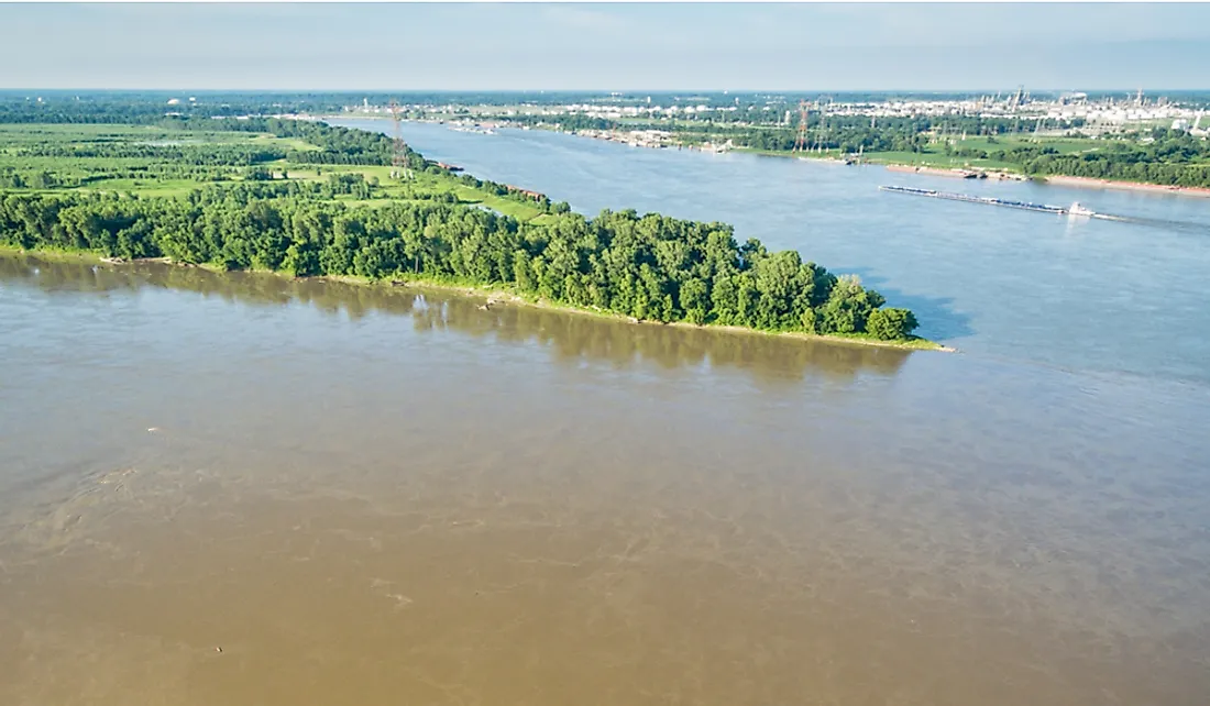 The confluence of the Missouri River and the Mississippi River in St. Louis, Missouri.