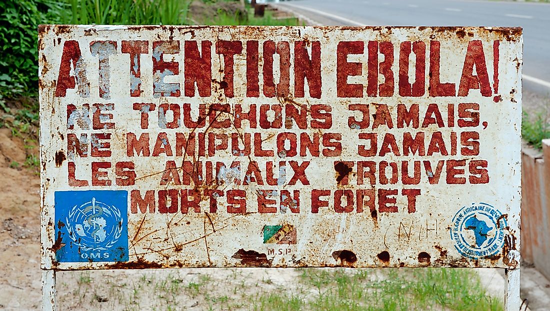 Sign in Congo warning that the area is infected with Ebola. Editorial credit: Sergey Uryadnikov / Shutterstock.com