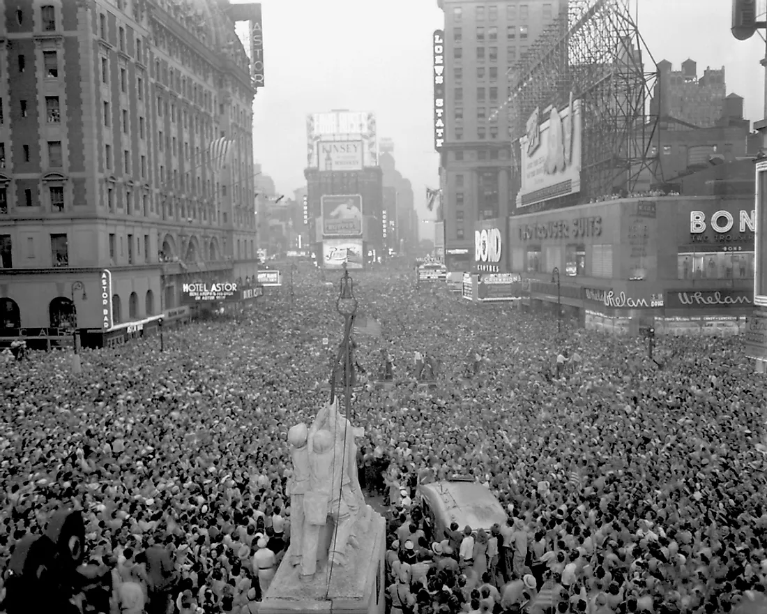 The surrender of Japan, signalling the end of WW2, is celebrated in New York's Time Square on August 15, 1945.