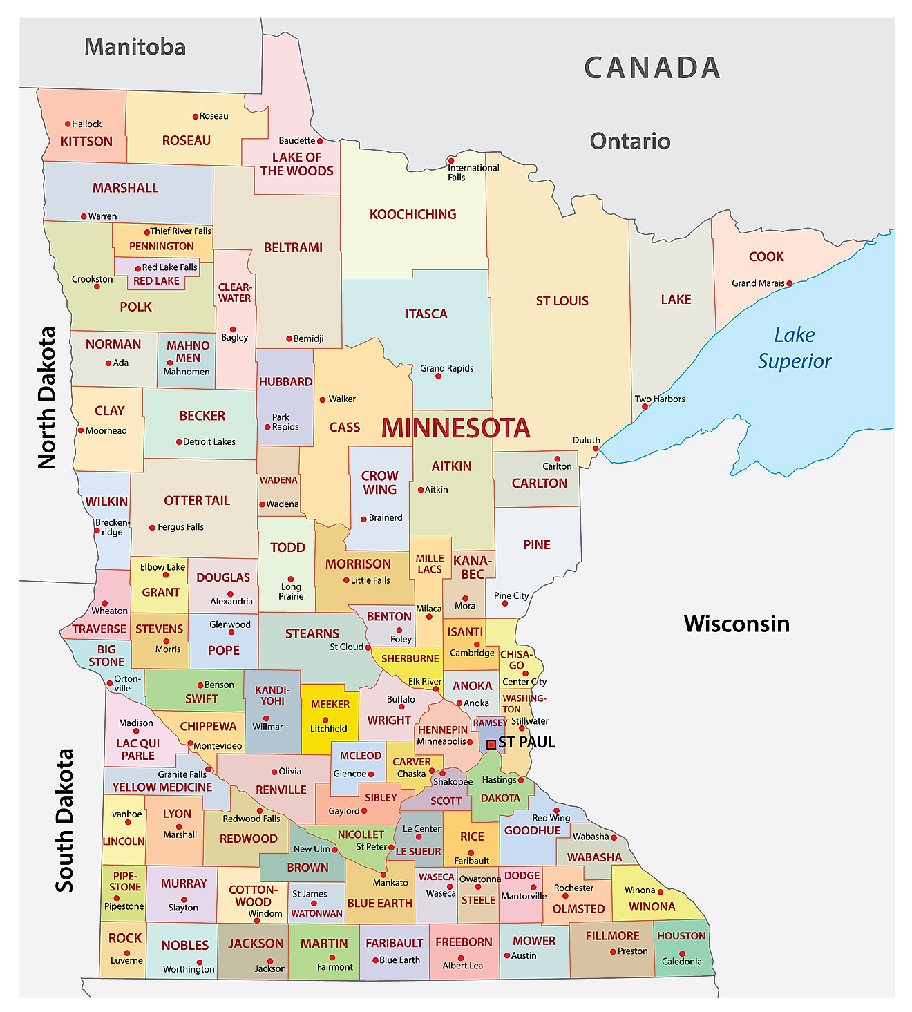 Administrative Map of Minnesota showing its 87 counties and the capital city - Saint Paul