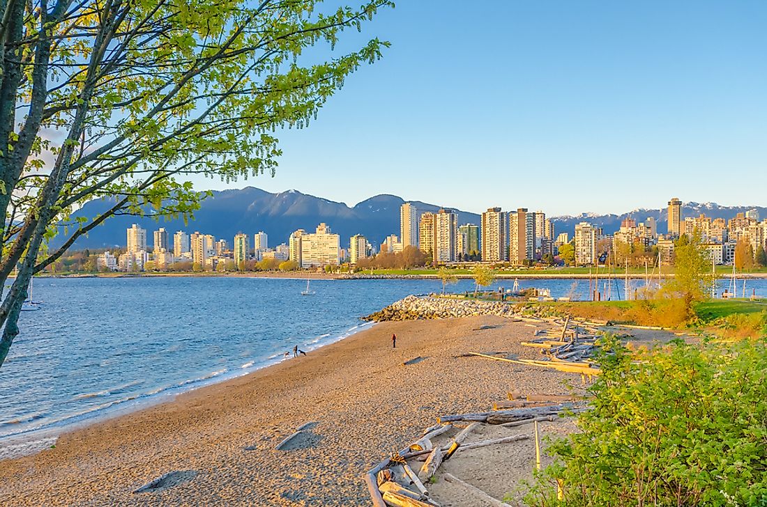 Kitsilano Beach with a view of downtown Vancouver. 