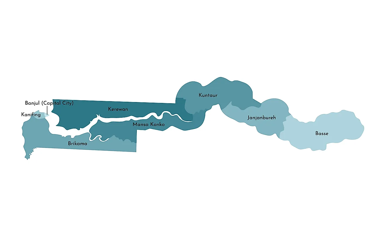 Mapa político de Gambia que muestra las 5 regiones y la ciudad capital de Banjul.