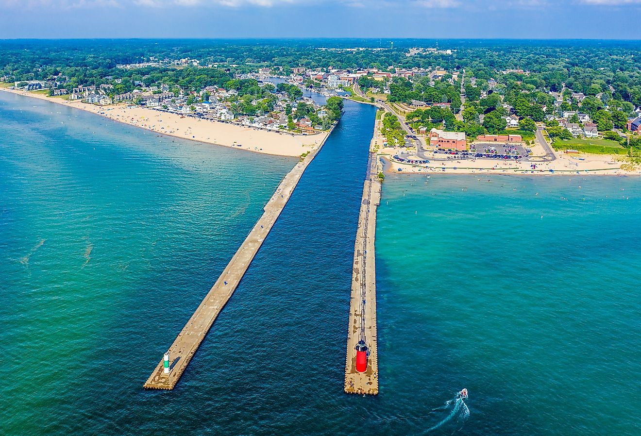 Aerial view of the South Haven Lighthouse on Lake Michigan; South Haven, Michigan.