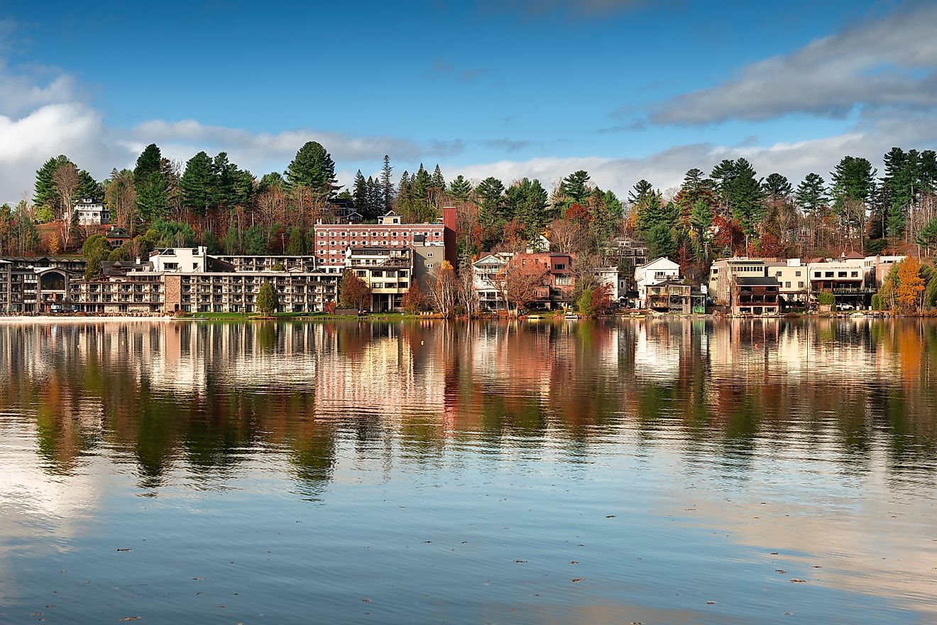 Lake Placid town over Mirror Lake, Adirondack Mountains, New York.